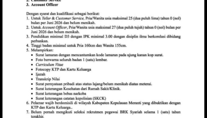 Beredar, Lowongan Kerja BRK Syariah Kepulauan Meranti Diduga Terapkan Syarat Diskriminatif, Pimpinan Beri Klarifikasi